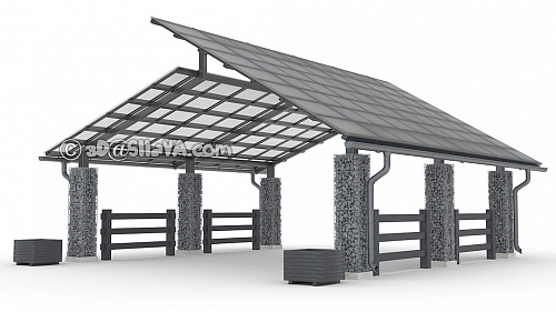 Навес металлический с двускатной крышей, столбы с габионами © SllaVA.com