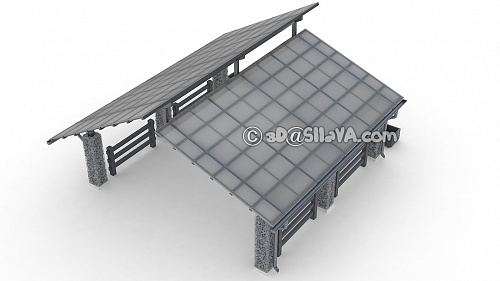 Навес металлический с двускатной крышей, столбы с габионами © SllaVA.com