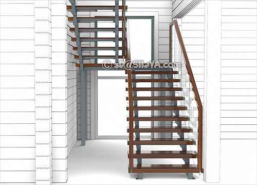 Лестница на металлическом каркасе с деревянными ступенями и ограждением из стекла.  © SllaVA.com