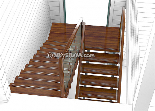 Лестница на металлическом каркасе с деревянными ступенями и ограждением из стекла.  © SllaVA.com