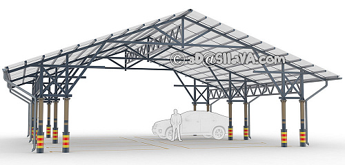 Навес для автотранспорта с двускатной светопрозрачной крышей. © SllaVA.com