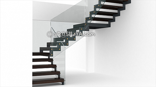 Лестница с деревянными ступенями на металлических косоурах со стеклянным ограждением (производитель 'Viewrail').  © SllaVA.com