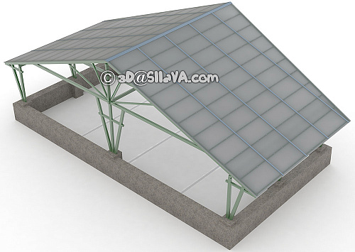 Металлический навес с двускатной крышей для автомобильной стоянки. © SllaVA.com
